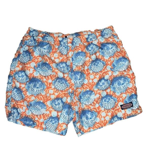 Vineyard Vines Swim Trunks Men’s Large L Puffer Fish Coral Blue 7” Inseam - Picture 1 of 8